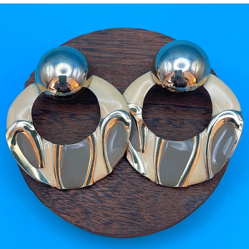 Vintage Chunky Door Knocker Earrings Womens Gold Cream Enamel‎ 80s Statement